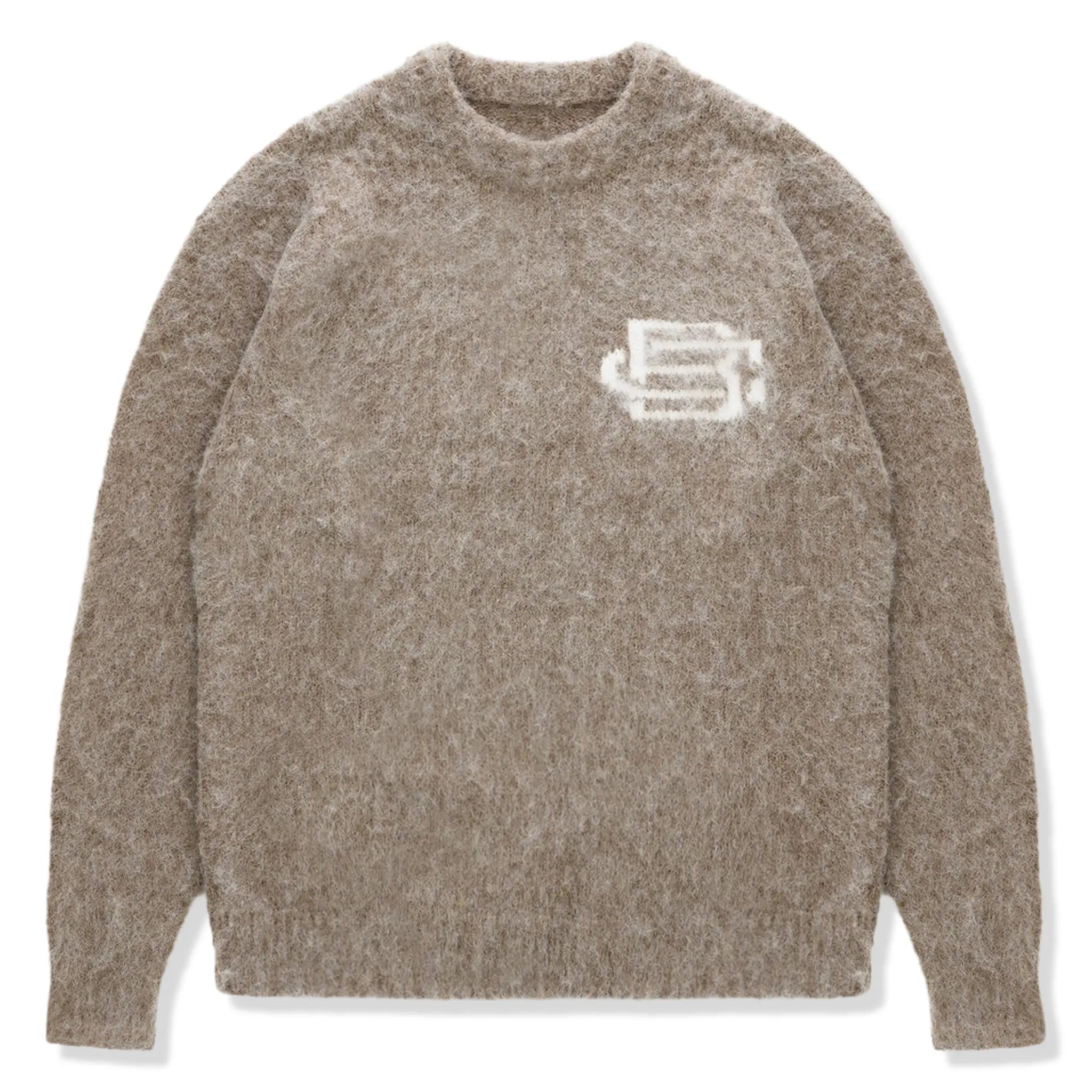 Front View of Bénir Clothing Mohair Knit BC Taupe Sweatshirt MOJUMPTAP
